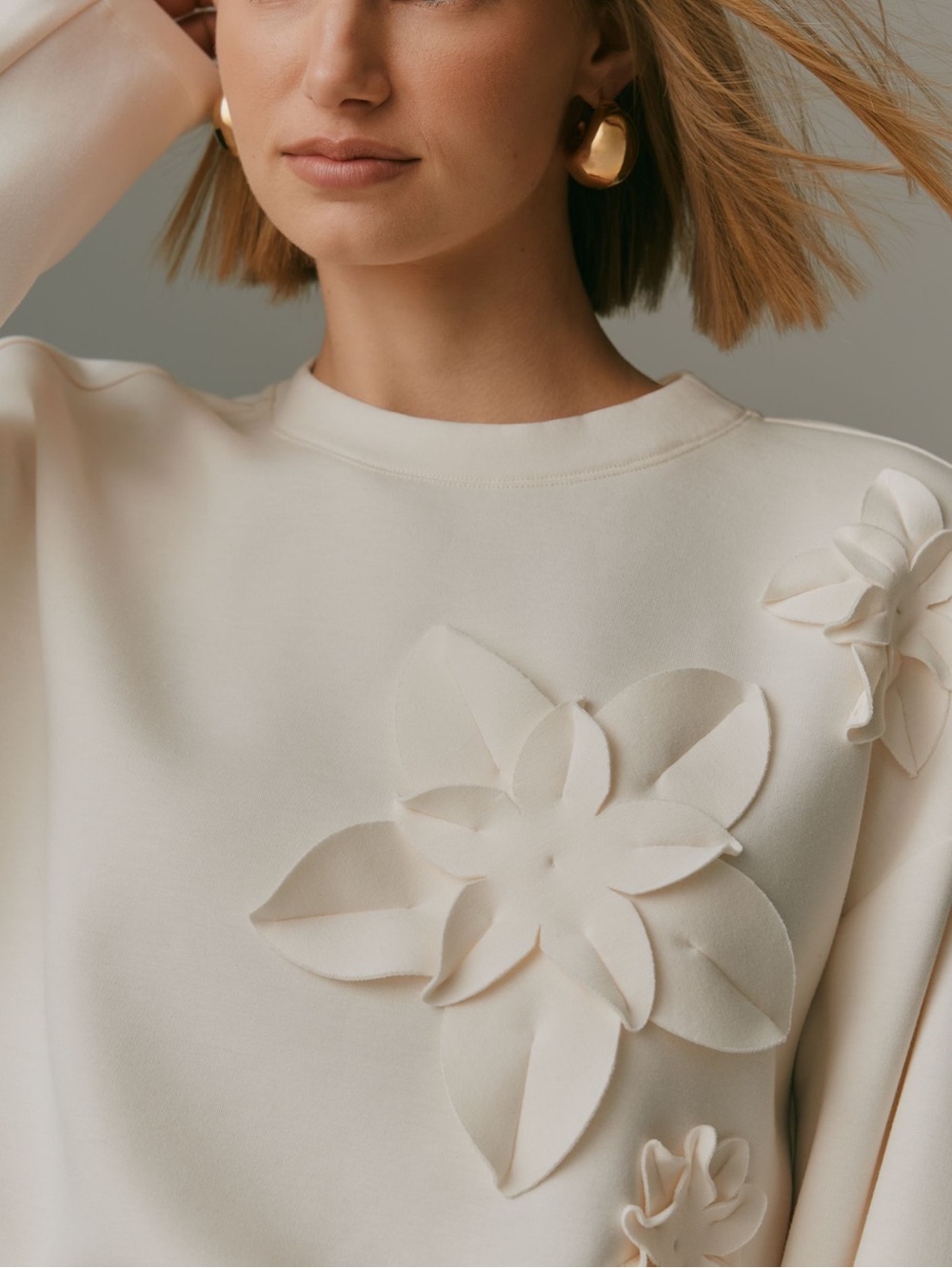 Anthropologie 3D Floral Sweater Top Long Sleeve New Small Ivory Cream